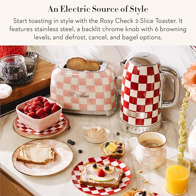 MACKENZIE-CHILDS 2-Slice Toaster Decorative Toaster for Kitchen Pink-and-White Rosy Check