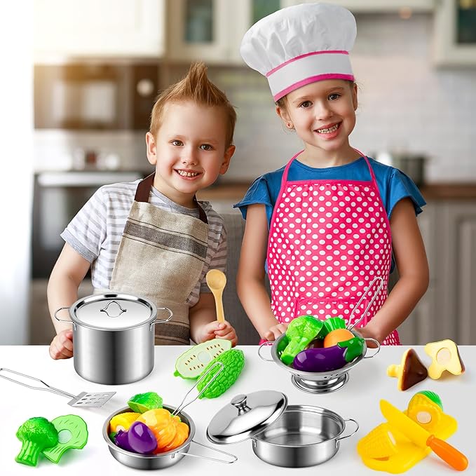 Juboury Kitchen Pretend Play Toys with Stainless Steel Cookware Pots and Pans Set Cooking Utensils Apron &amp Chef Hat Cutting Vegetables for Kids Girls Boys Toddlers