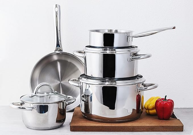 EW-TS-8010 Induction Cookware Set Made of High-Quality Stainless Steel 8-Piece Cookware Pots with Glass Lid 3 x Saucepans Saucepan Frying Pan for All Types of Cookers Silver Edition