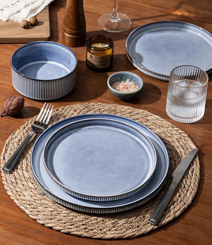 GBHOME 12-Piece Stoneware Dinnerware Set for 4 – Ribbed Ceramic Plates and Bowls Scratch-Resistant Microwave &amp Dishwasher Safe Reactive Glaze Deep Tidal Blue
