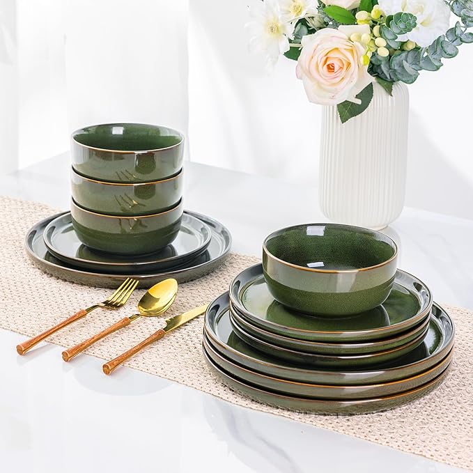 AmorArc Stoneware Dinnerware SetsRound Reactive Glaze Ceramic Plates and Bowls SetHighly Scrath Resistant | Dishwasher &amp Microwave Safe DishesService for 6 (18pc)
