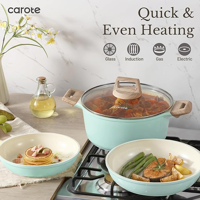 CAROTE 21-Piece Ceramic Pots and Pans Cookware Set Non Stick Induction Cook Ware Kitchen Cooking Set Non-Toxic Health PFAS Free