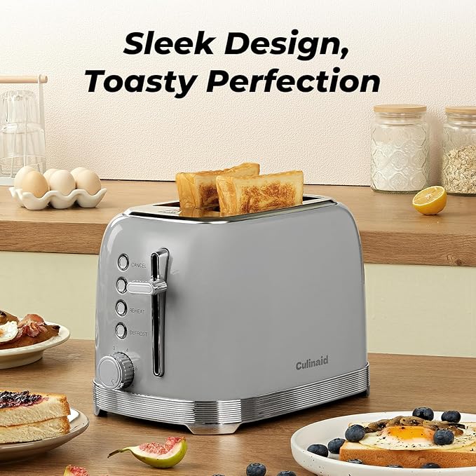 Toaster 2 Slice Retro Stainless Steel with 1.5” Extra Wide Slots Bagel Defrost Reheat Cancel Functions 6 Bread Shade Settings Removable Crumb Tray Gray