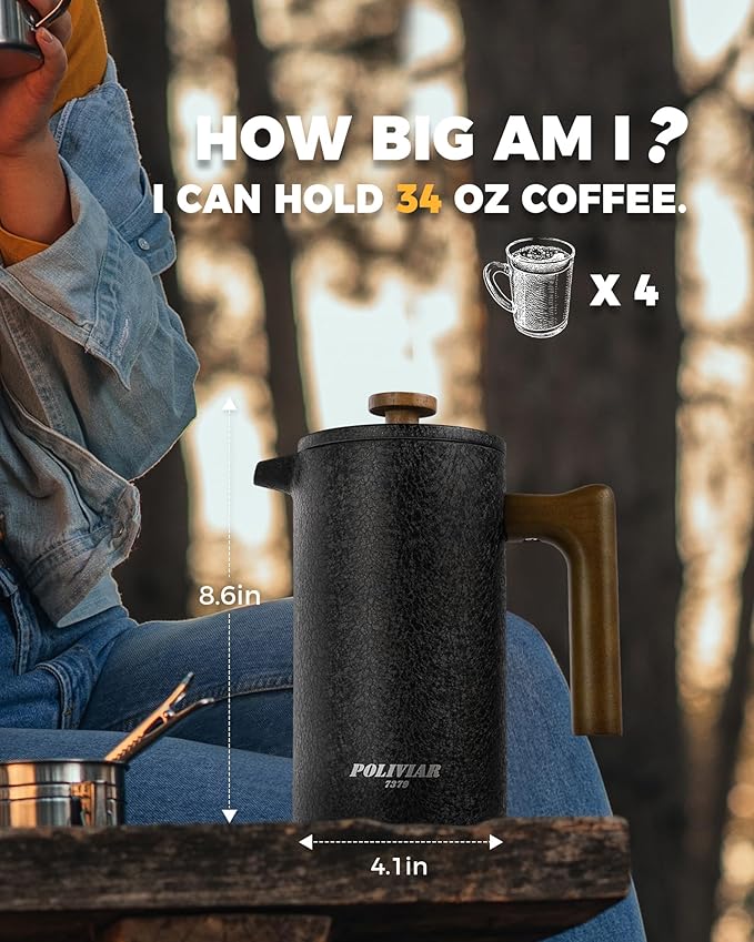 POLIVIAR French Press Coffee Maker 34 oz Coffee Press with Real Wood Handle Double Wall Insulation &amp Dual-Filter Screen Food Grade Stainless Steel for Good Coffee and Tea JX2023-FPLB