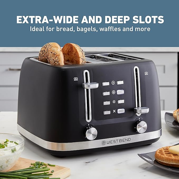 West Bend Toaster 4-Slice Extra-Wide and Deep Slots with 3 Functions and 7 Shade Settings Manual Toast Lift Lever Auto Shut-Off and Removable Crumb Tray 1500-Watts Black