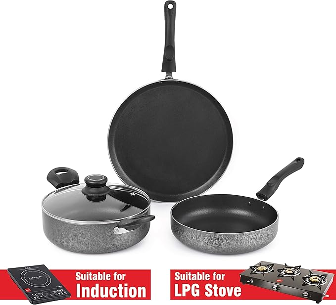 Cello Prima 3-Piece Non-Stick Aluminium Cookware Set – Hammertone (28 cm Dosa Tawa 22 cm Kadai with Glass Lid 22 cm Fry Pan) | Induction Base PFOA-Free Sturdy Handles Ideal Gift Set