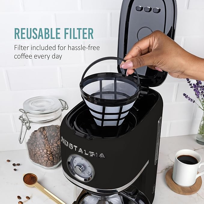Nostalgia Classic Retro 10 Cup Coffee Maker - One-Touch Drip Brew Reusable Filter - Anti-Drip Auto Shutoff &amp Time Display - Dishwasher Safe 50 oz Carafe - Black