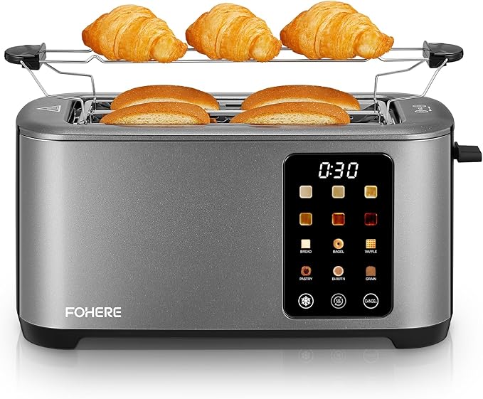 4 Slice Toaster Touch Screen Control Long Extra Wide Slots Smart Bread Toaster 6 Bread Types &amp 6 Shade Settings Stainless Steel with Removable Tray Cancel/Defrost/Reheat Function Grey