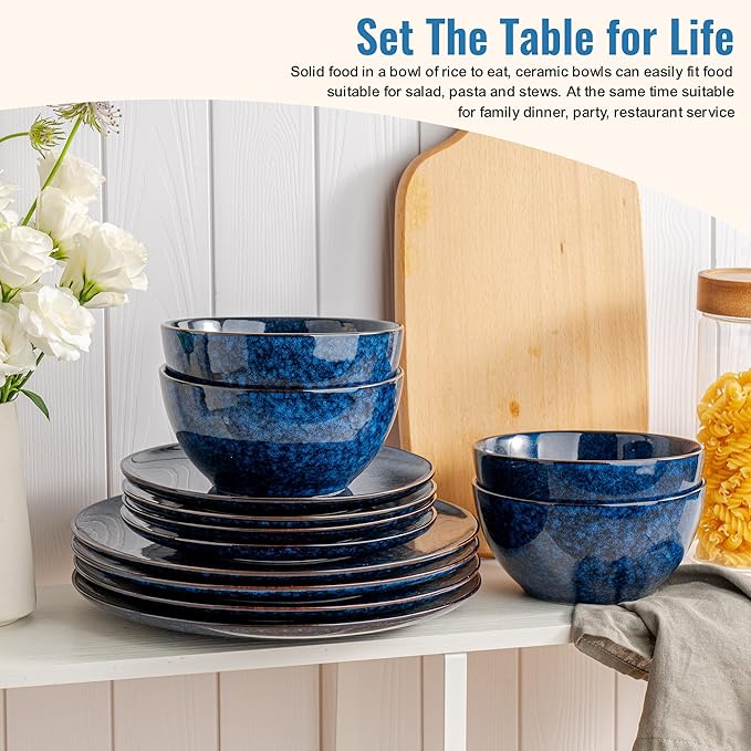 Plates and Bowls Sets 12 Pieces Dark Blue Dinnerware Sets for Kitchen Reactive Glaze Dishes Set for 4 Dishwasher and Microwave Safe Series Starflecked Shore(Dark Blue)
