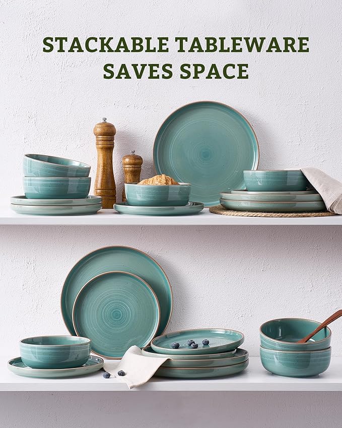 Famiware Meteor Plates and Bowls Sets for 4 12 Pieces Dinnerware Sets Microwave and Dishwasher Safe Dishes Set Peacock Green