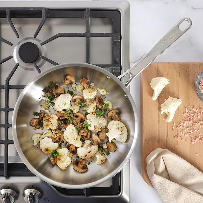 Sur La Table Kitchen Essentials Chef's Deck 11-Inch Large Stainless Steel Frying Pan – Induction Ready Skillet with Tri-Ply Base Polished Finish &amp Hollow Stay-Cool Handle
