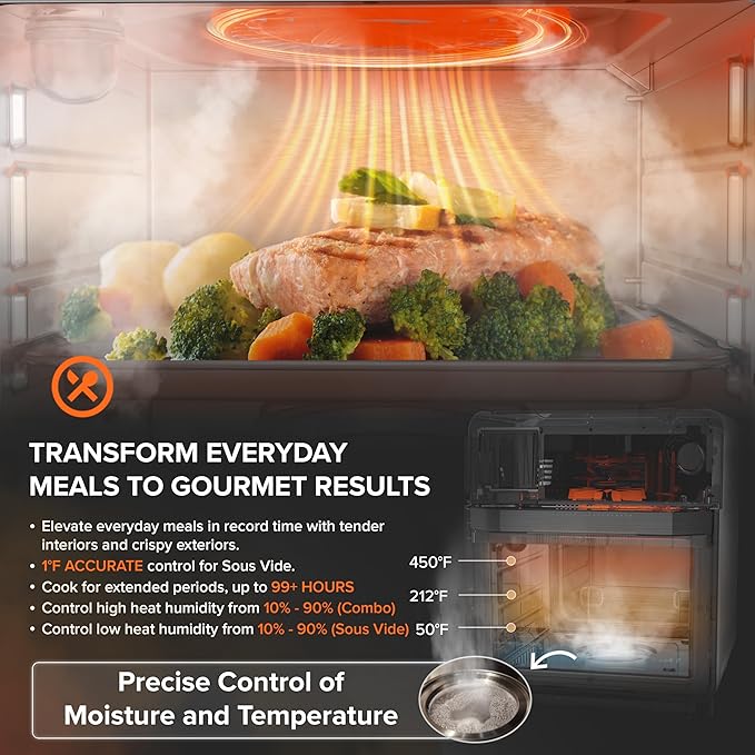 Nuwave Combi Steam Oven Non-Toxic Stainless Steel Multi-Cooker with Air Fry Sous Vide Toast &amp More 50-450°F Precision 120 Presets Moisture Control Programmable Easy to Clean 16 quarts