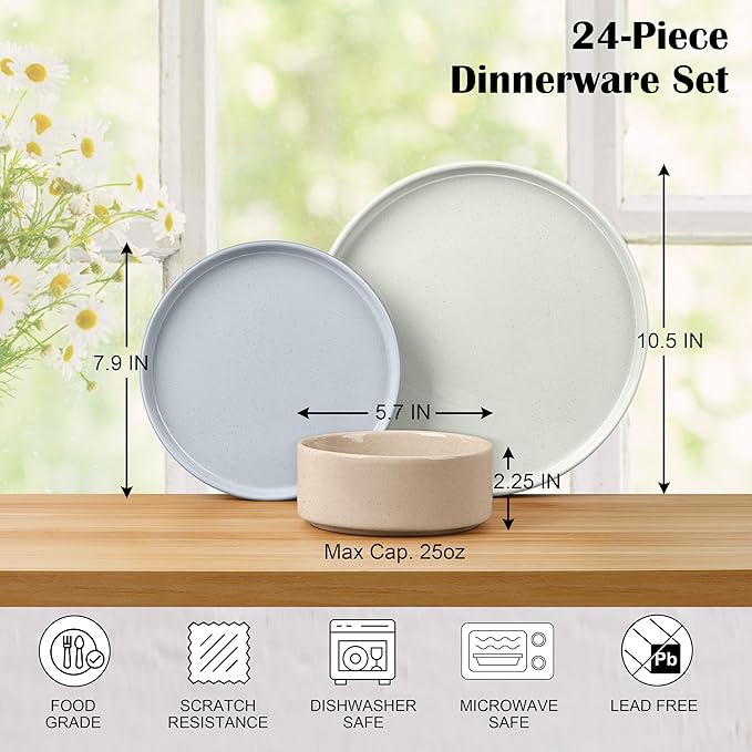 E-far Dinnerware Sets for 8 24-Piece Stoneware Plates and Bowls Dish Set Modern Kitchen Dinning Dishware Chip and Scratch Resistant Microwave &amp Dishwasher Safe Speckled Multicolor