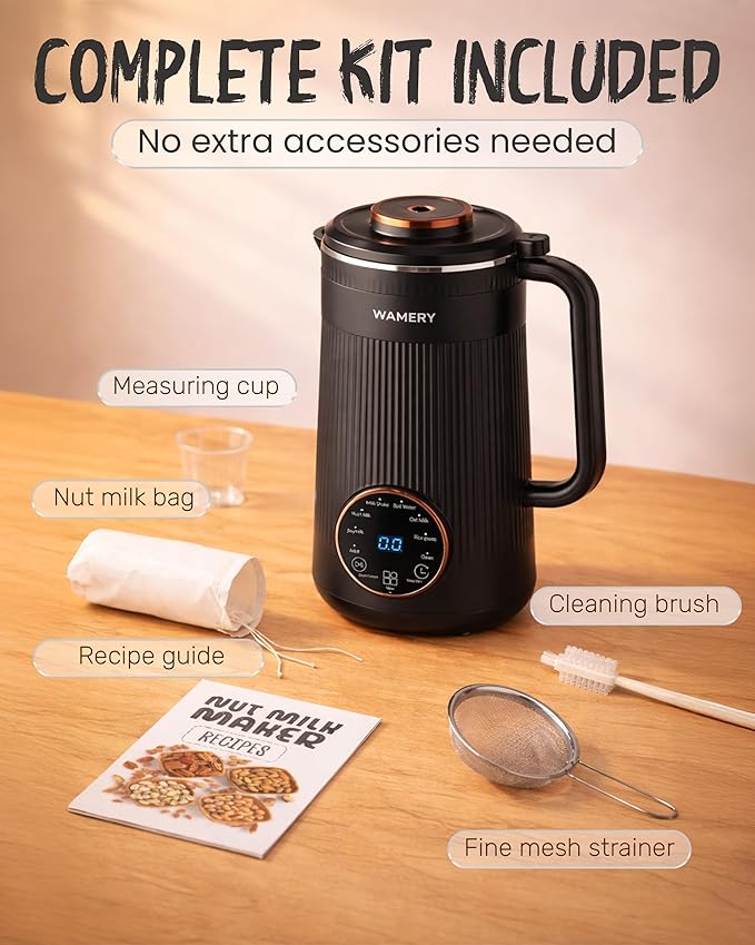 Wamery 32oz Nut Milk Machine (Black) - Soy Milk Maker for Almond &amp Oat Blender Automatic Heated Programs Self‑Cleaning Delay Start Keep Warm &amp Boil Water 1‑Liter Capacity with Starter Ki