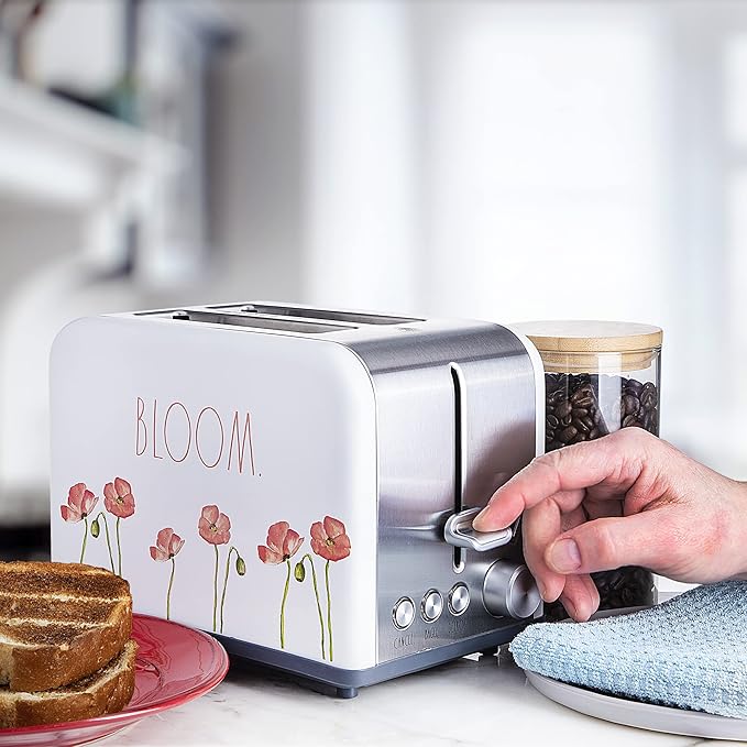 Rae Dunn Toaster Stainless Steel 2 Slice Square Toaster Wide Slot with 5 Browning Levels with Bagel Defrost and Cancel Options (White Floral)