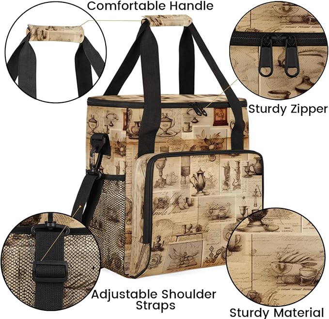 Retro Coffee Coffee Maker Travel Bag for Keurig K-Mini/K-Mini Plus Insulated Waterproof Tote with Pockets for K-Cup Portable Single-Serve Brewer Case