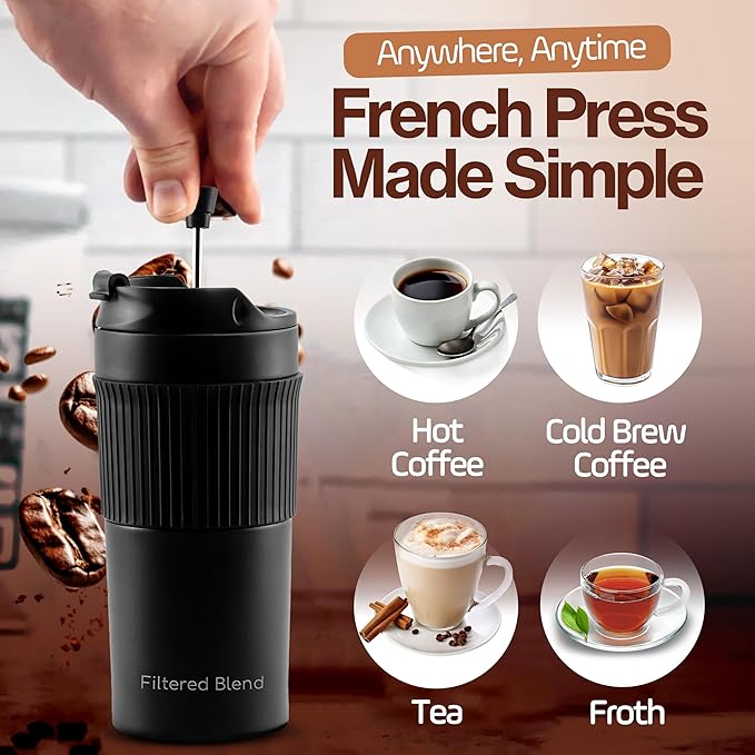 15oz Double Wall Stainless Steel Insulated French Press Coffee and Tea Maker - Portable Camping Mug and Tumbler - Heat Retaining Leak-Proof Travel-Friendly for Office and Outdoor Adventures (Silver)