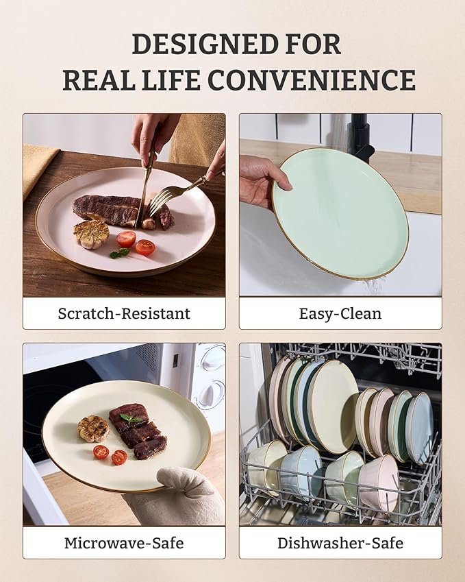 Famiware Saturn Dinnerware Sets Plates and Bowls Sets for 4 12 Pieces Stoneware Dish Set - Chip and Scratch Resistant Microwave and Dishwasher Safe Tableware Set Multi-color with Rim