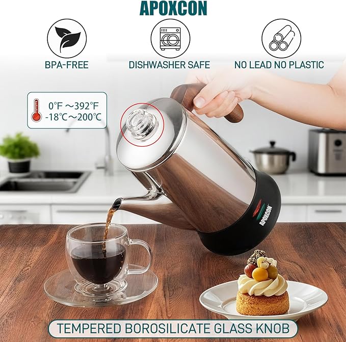 Electric Coffee Percolator Stainless Steel Coffee Maker with Two Heat Resistant Glass Knob &amp Treated Solid Wood Handle Keep Warm Cordless Serve Elegant Design Coffee Pot On/OFF Switch 8 Cup