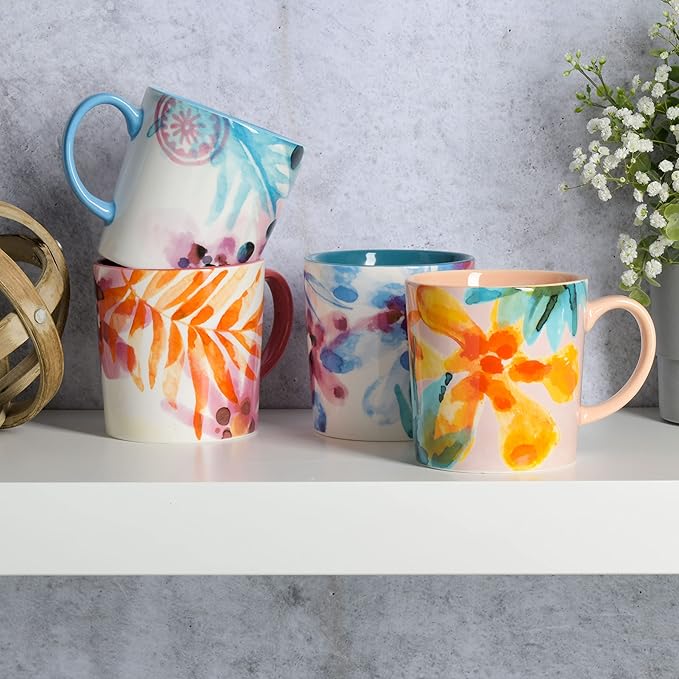 Spice by Tia Mowry Floral Garden 4 Piece Large 17OZ Decorated Porcelain Mug Set