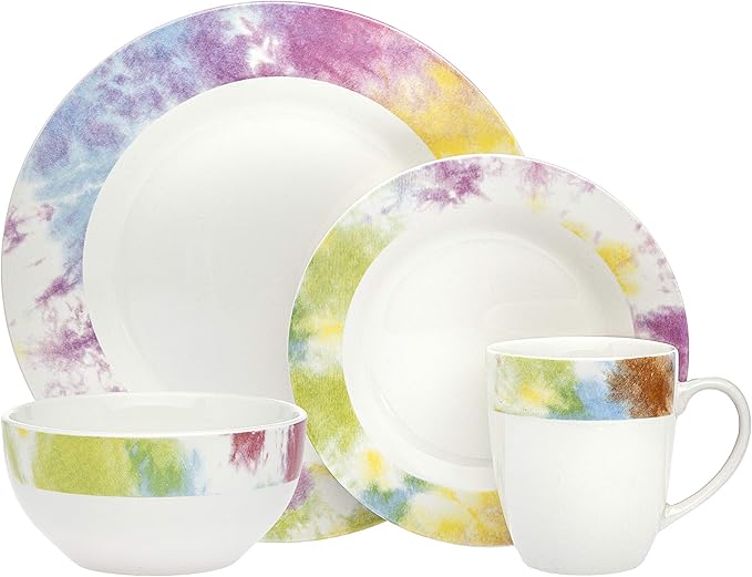 Godinger Dinnerware Set Tie Dye Edge Dinner Salad Plate Soup Bowl and Mug- Bone China - 16 Piece set