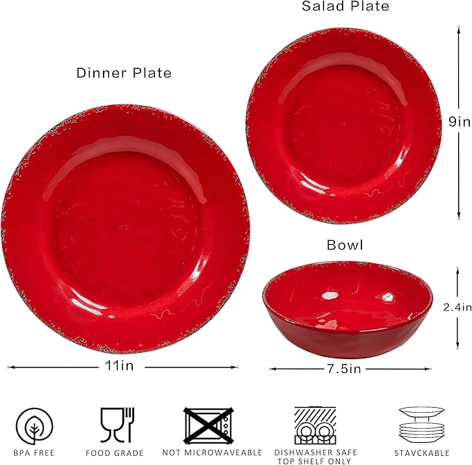12 Piece Farmhouse Melamine Dinnerware Sets Service For 4 Rustic Crackled Plates and Bowls Sets Melamine Dishes Set for ChristmasWedding Set of 4 Camping Dishes Red
