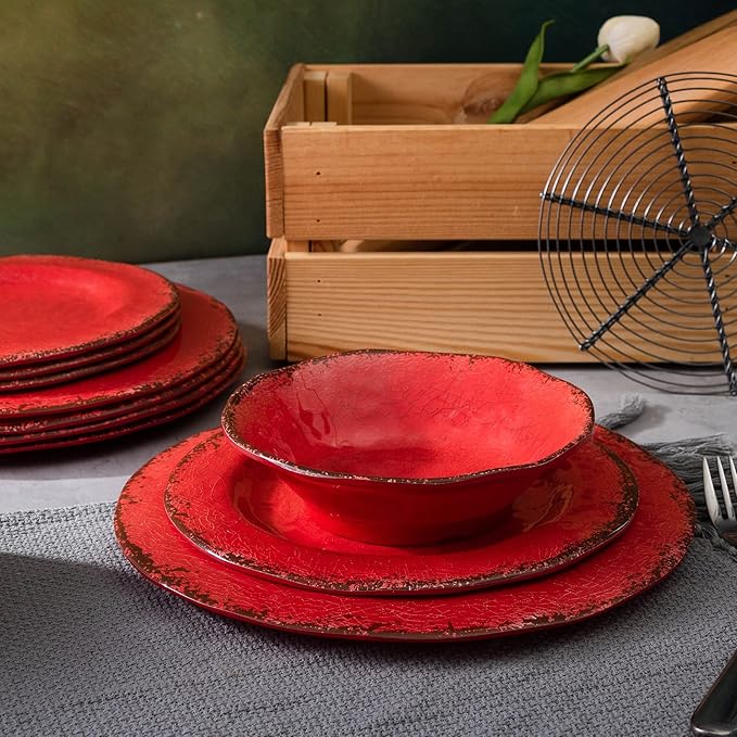 LEHAHA Farmhouse Plates and bowls set 12 Piece Christmas Melamine Dinnerware Sets for 4Lightweight and Unbreakable Dishes SetPerfect for Indoor and Outdoor and Picnic use. Red