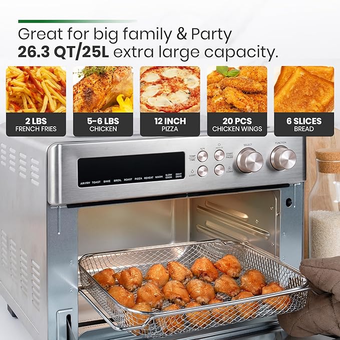 VAL CUCINA Infrared Heating Air Fryer Toaster Oven Extra Large Countertop Convection Oven 10-in-1 Combo 6-Slice Toast Enamel Baking Pan Easy Clean with Recipe Book Brushed Stainless Steel Finish