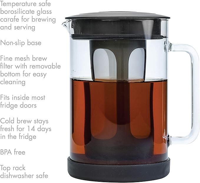 Primula Pace Cold Brew Iced Coffee Maker with Durable Glass Pitcher and Airtight Lid Dishwasher Safe Perfect 6 Cup Size 1.6 Qt Black