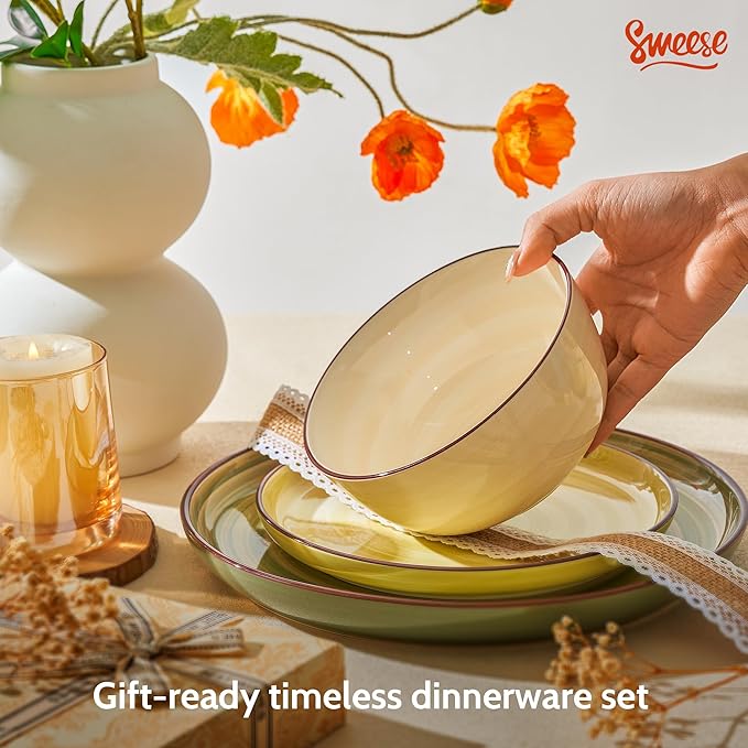 Sweese Plates and Bowls Sets 18 Piece Dinnerware Set Porcelain Round Dinner Set for 6 Scratch Resistant Dishes Set Dishwasher and Oven Microwave Safe Handpainted Swirl Dishware Sets Assorted Green