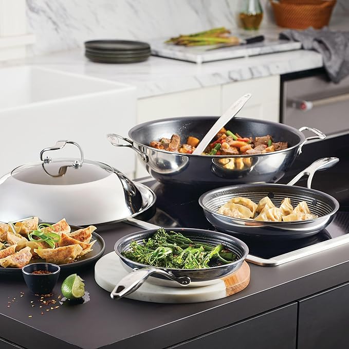 Circulon Clad Stainless Steel Induction Frying Pan and Wok Set with Hybrid SteelShield and Nonstick Technology 4 Piece - Stainless Steel