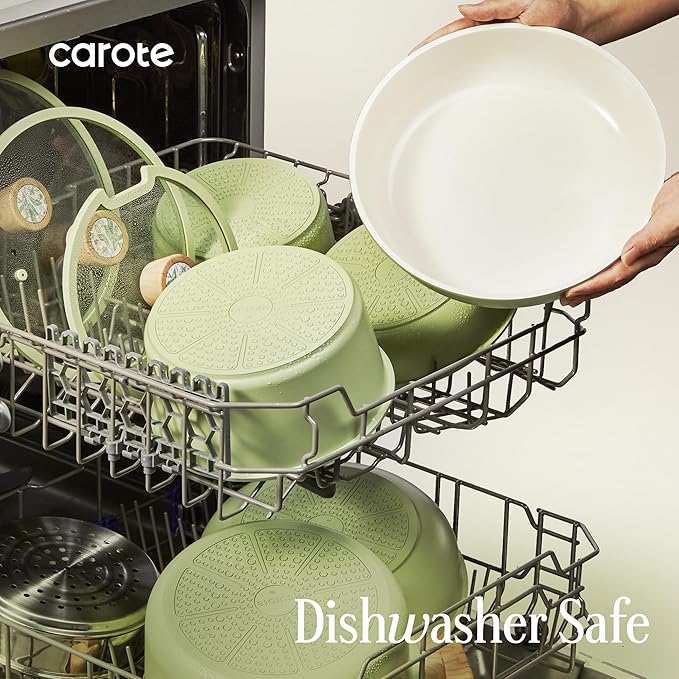 CAROTE 25-Piece Ceramic Cookware Set Nonstick Pots and Pans Set with Detachable Handle Non-Toxic Kitchen Cooking Set Dishwasher &amp Oven Safe Induction Compatible PFAS Free Green