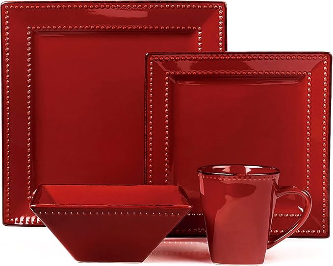 16 Piece Square Beaded Stoneware Dinnerware Set by Lorren Home Trends Red