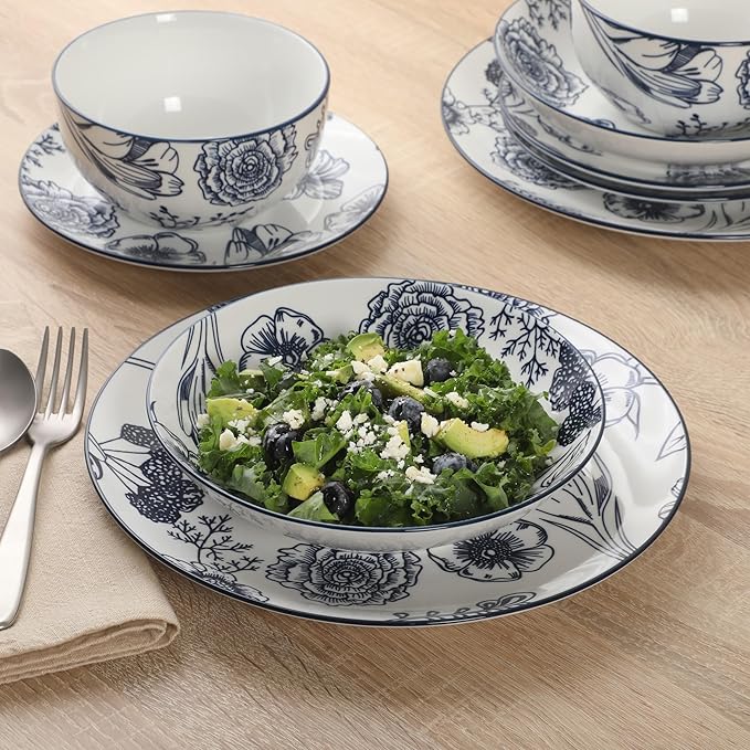 Gibson Home Westerly Court 16-Piece Dinnerware Set Blue Floral Stoneware Plates &amp Bowls Service for 4 Round Durable Everyday Dish Set