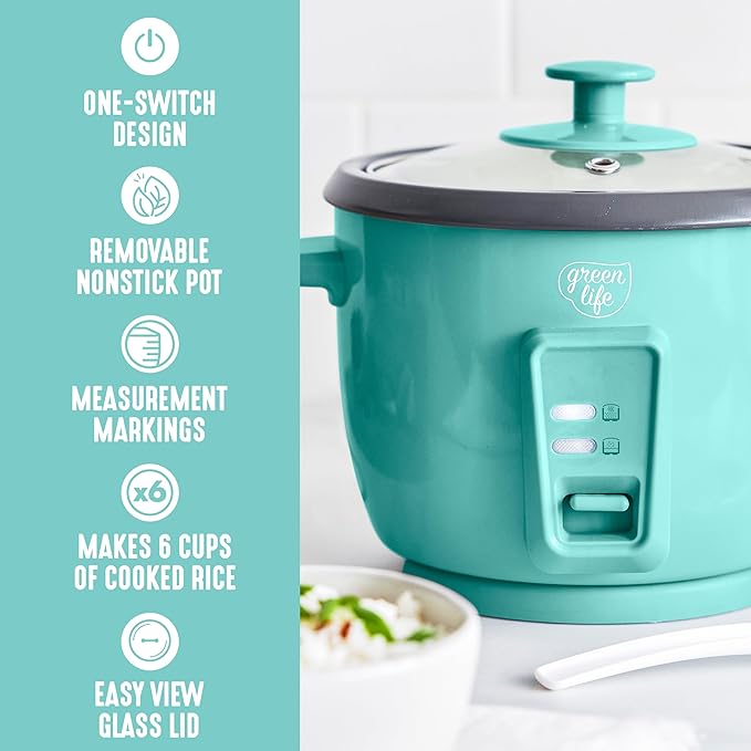 GreenLife Rice Cooker with Removable PFAS-Free Ceramic Nonstick Pot 3-Cups Uncooked/6-Cups Cooked Grains &amp Oatmeal Multicooker Compact One-Switch Design Auto Keep Warm Easy Clean Turquoise