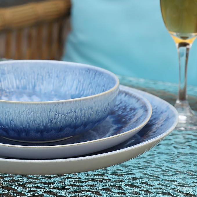 12 Pieces Stoneware Dinnerware Set Modern Reactive glaze Dish Set for 4 Premium Serving Plates and Bowls SetsSeries MOON(SKY BLUE)