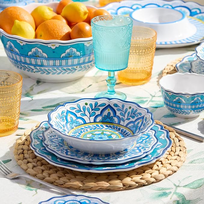 Porto 12 Pc. MELAMINE DINNERWARE SET SERVICE for 4 – artistically designed Talavera Tile Art Turquoise Blue Yellow Mandala