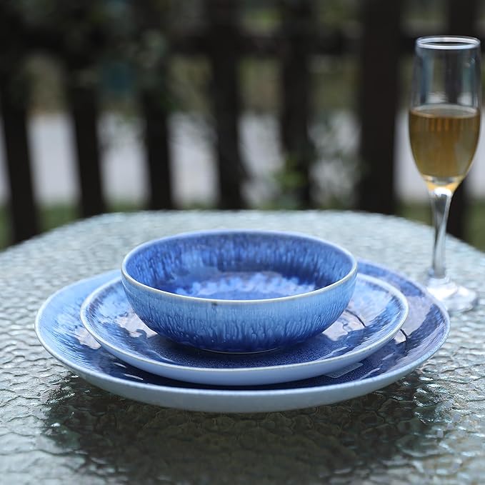 12 Pieces Stoneware Dinnerware Set Modern Reactive glaze Dish Set for 4 Premium Serving Plates and Bowls SetsSeries MOON(SKY BLUE)