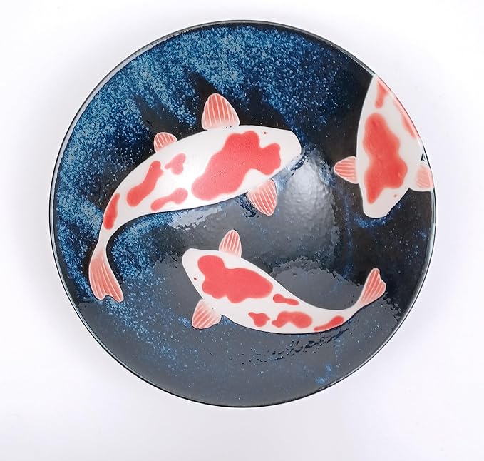 Made in Japan Koi Fish Ceramic Dinnerware Set – 6-Piece Blue &amp Red Plates and Bowls | Hand-Painted Carp Motif | Dishwasher Safe | Japanese Tableware Gift Set