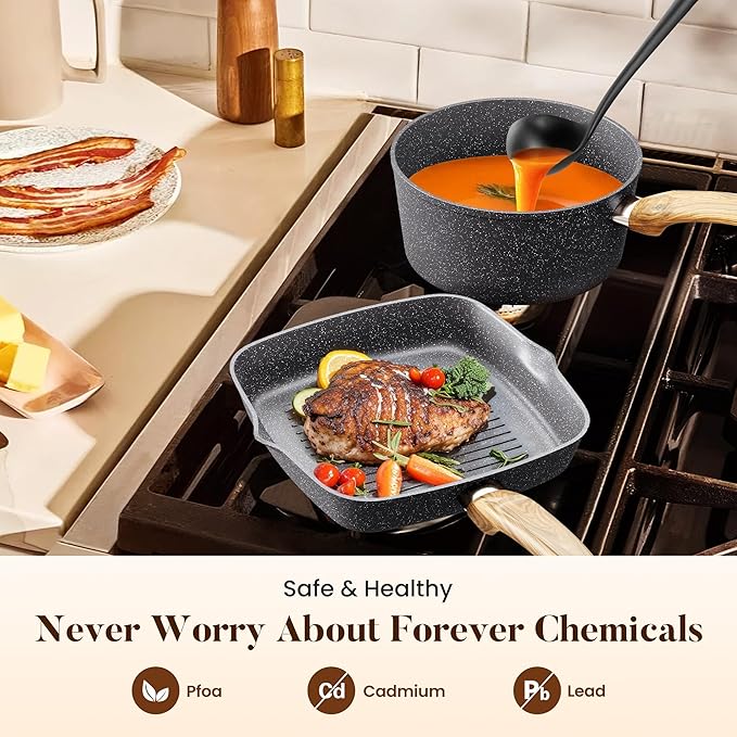 Kitchen Academy Granite Nonstick Cookware Set - 17 Piece Gray Cooking Pans Set Induction Pots and Pans Set Non Stick PFOA &amp PFOS Free.
