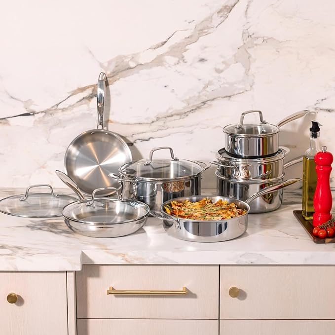 Lagostina 3 Ply Clad 12-pc Cookware Set  Stainless Steel Pots and Pans stay-cool cast stainless steel handles tempered glass lids Induction safe Oven Safe 500°F without the lids