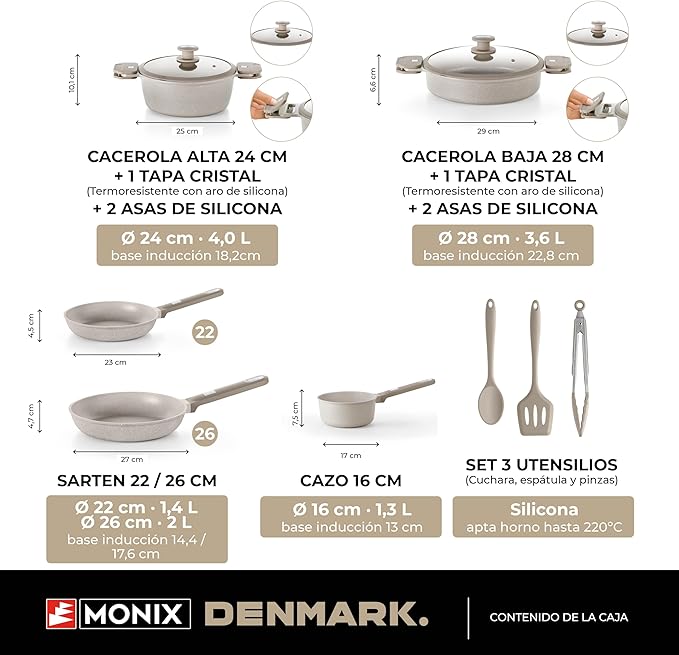 MONIX Denmark | 10 Piece Cookware Set Cast Aluminium with Non-Stick Suitable for All Types of Cookers Including Induction
