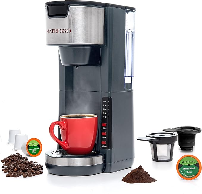 Mixpresso Gray Single Serve Coffee Brewer K-Cup Pods Compatible &amp Ground 30 oz Compact Coffee Maker Single Serve With 5 Brew Sizes Up To 14 Oz Fits Travel Mug Adjustable Drip Tray