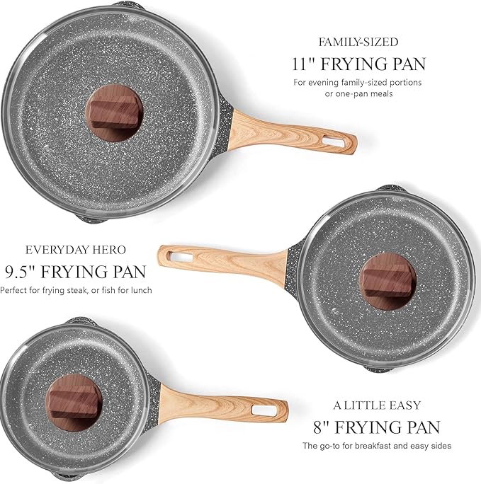 YIIFEEO Non Stick Frying Pan Set with Lids Granite Skillet Set Egg Omelette Pans for Cooking Pan Set No Toxic Kitchen Cookware Set Compatible with All Stovetops (Gas &amp Induction) PFOA Free Gi