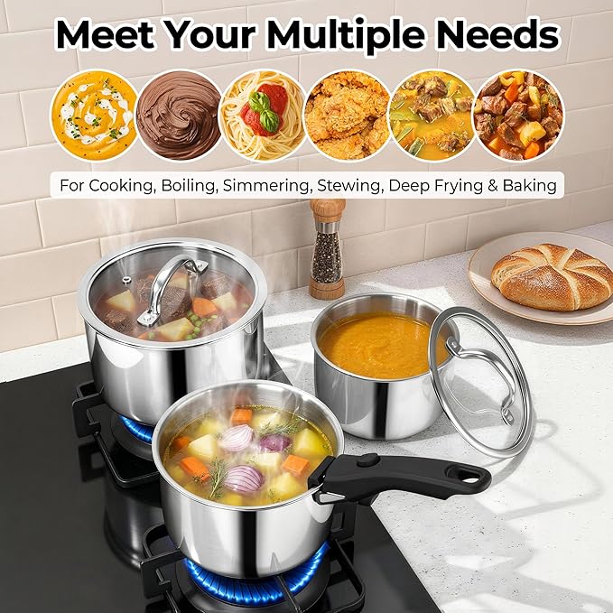 P&ampP CHEF Tri-Ply Stainless Steel Cookware Set of 3 with Removable Handle 9-Pieces Pots and Pans Set Induction 2Qt Saucepan 3Qt Small Pot &amp 4Qt Cooking Pot Oven &amp RV Safe to 500℉ Dishw
