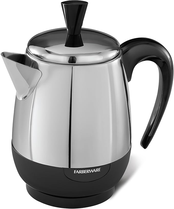 Farberware Electric Coffee Percolator FCP240 Stainless Steel Basket Automatic Keep Warm No-Drip Spout 4 Cup Black/Silver
