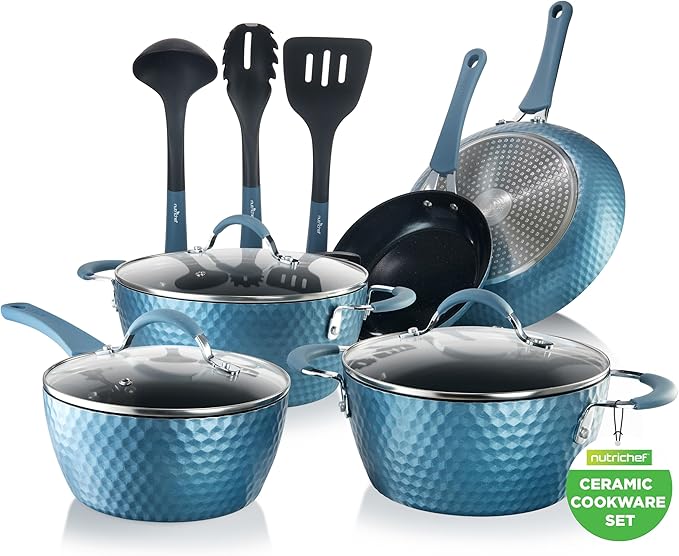 NutriChef 11 Pc Pots and Pans Set - Non Stick Cookware Set with Ceramic Coating Ergonomic Handles Induction Ready Includes Saucepan Dutch Oven Large &amp Small Fry Pans - Royal Blue