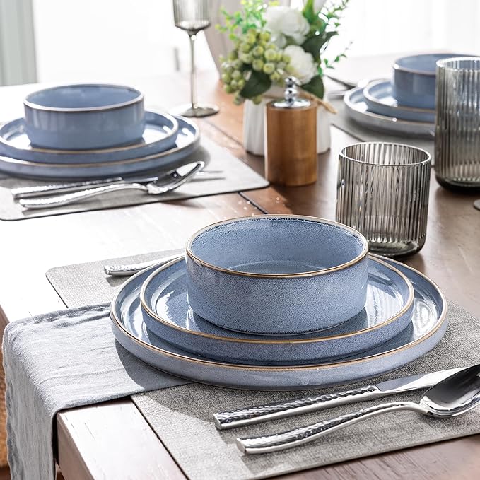 GBHOME Ceramic Dinnerware Sets for 4 12 Pieces Stoneware Plates and Bowls Sets Reactive Glaze Dishes -Scratch Resistant Dishwasher&ampMicrowave Safe-Brunnera Blue
