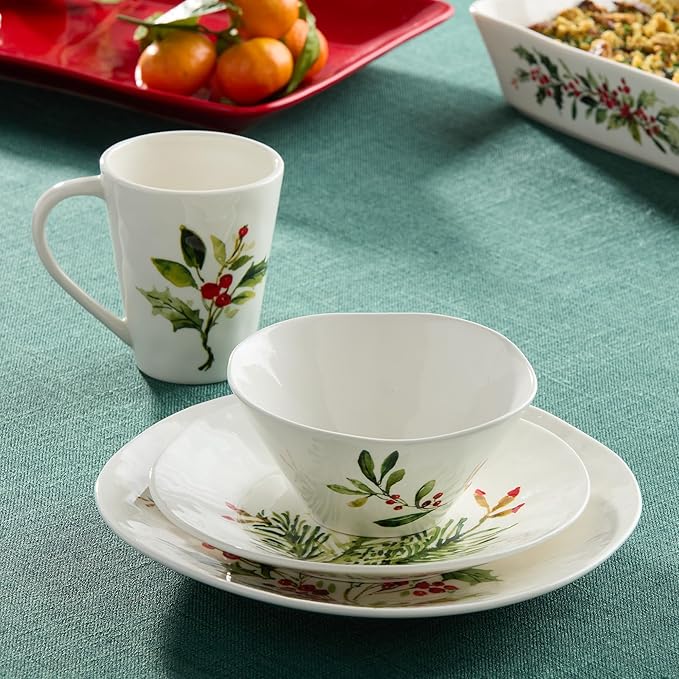 Holly and Vines Christmas Dinnerware Set – 16-Piece Stoneware Service for 4 with Artist-Designed Holiday Plates Mugs &amp Bowls Elegant Tableware for Christmas Hosting &amp Winter Entertaining