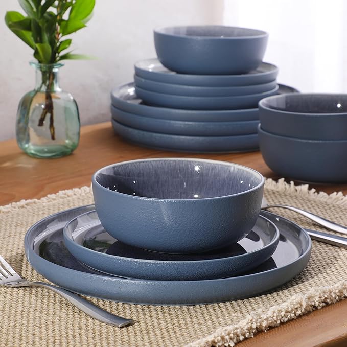 Gibson Elite Reactive Stoneware Dinnerware Set - Tahoe Sunset Matte Exterior &amp Shiny Interior Blue | 12-Piece – Plates and Bowls Durable Everyday Dish Set Microwave &amp Dishwasher Safe